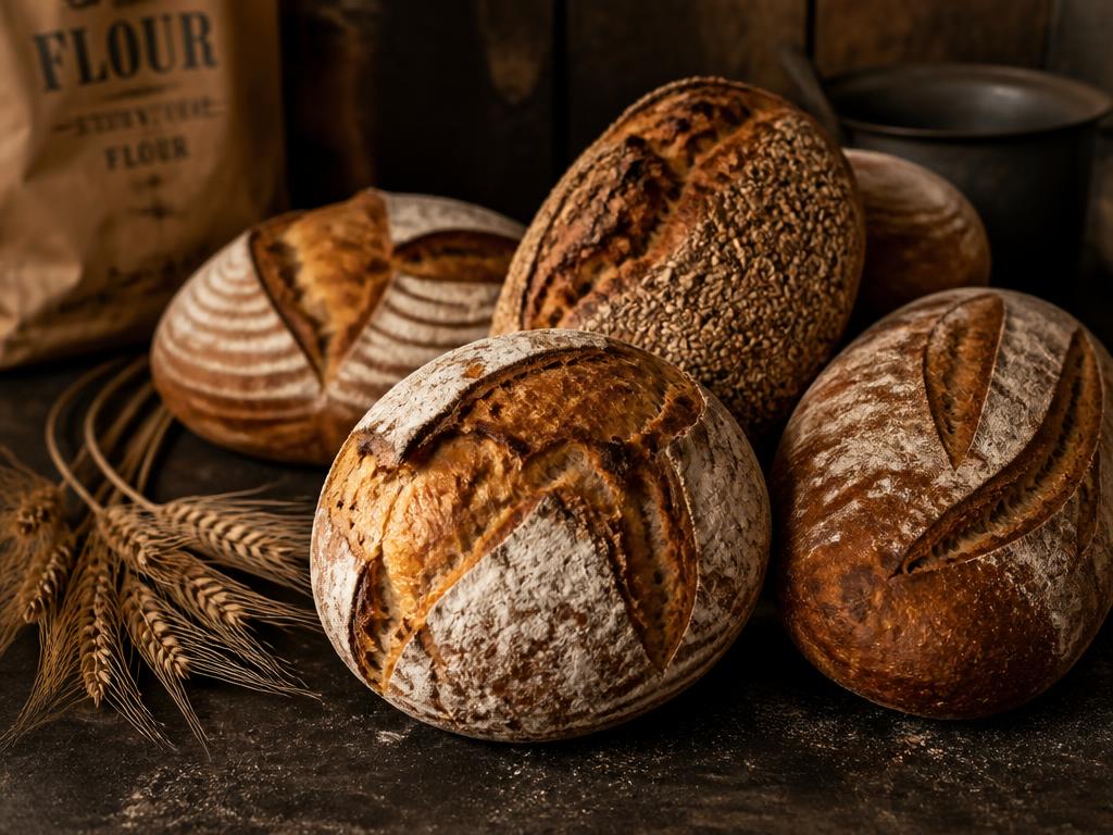 Artisan sourdough loaves on a bakery counter
