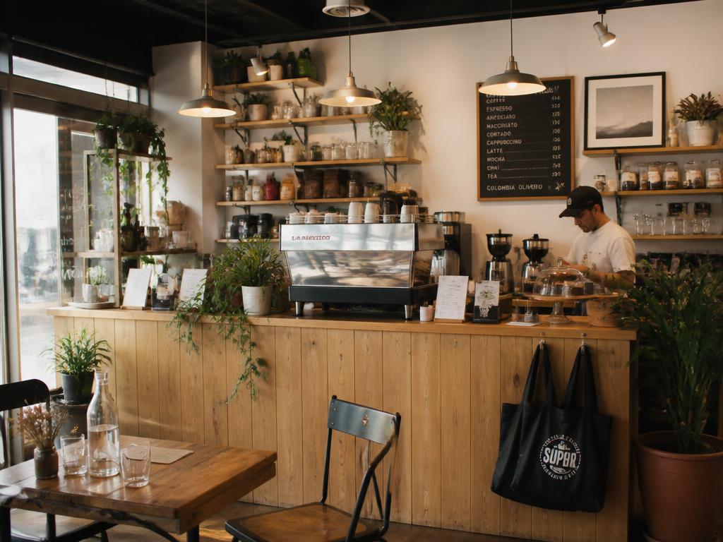 Independent neighbourhood coffee shop with barista at the espresso counter